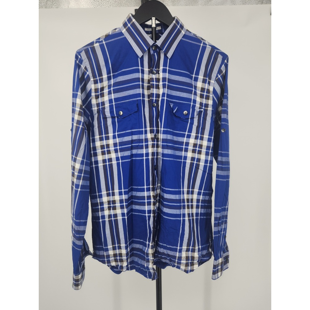 Express Mens Extra Slim Fit Plaid Button Down Shirt Blue White Size M 15-15.5